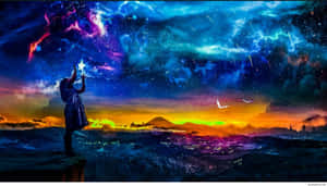 在色彩繽紛的宇宙天空下，在發光的城市上方伸手去夠星星的人。
