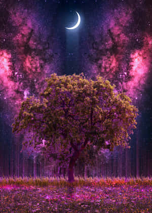 一棵孤樹在發光的花朵田野中，背景是粉紅色星雲和新月。 — 奇幻 壁紙