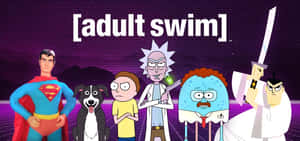 Adult Swim 標誌，包含超人和 Rick Sanchez 等卡通角色。