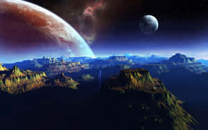 在太空中的巨大行星和月亮下的外星山脈。
