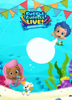 Bubble Guppies 角色用彩色裝飾和泡泡慶祝水下生日派對。