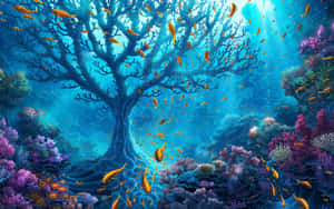 水下場景，有珊瑚樹和金色魚兒在藍色水中游動。