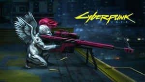 Cyberpunk 2077 天使手持粉紅色狙擊步槍在雨夜屋頂