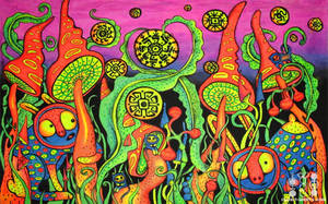 在迷幻抽象場景中，外星生物閃爍著發光的眼睛和幾何圖案。