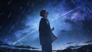 動畫男孩站在星空下觀看流星。