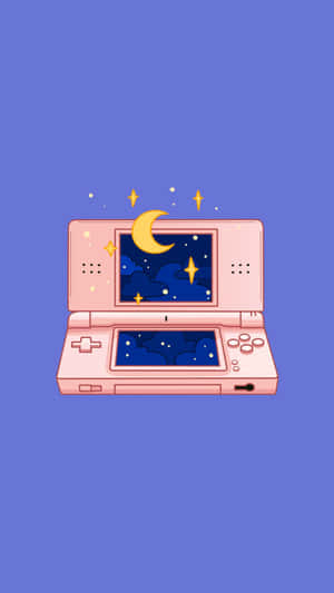 粉紅色手提遊戲機顯示帶有月亮和星星的夜空。