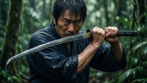 武士戰士在雨中森林持刀 — 對馬戰鬼 GIF 壁紙
