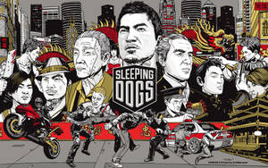 《Sleeping Dogs》遊戲海報，角色在香港街頭戰鬥場景中。