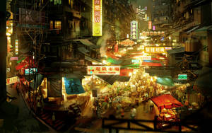 夜市小巷，在溫暖燈光下有發光的招牌和擁擠的攤位。