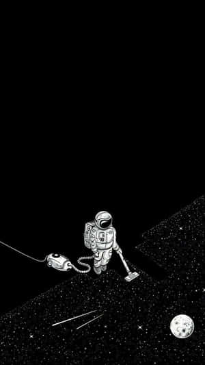 太空人在宇宙地板上吸星星，背景有月亮。