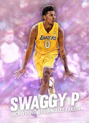 Nick Young 身穿湖人球衣，背景為發光紫色和「Swaggy P」文字。