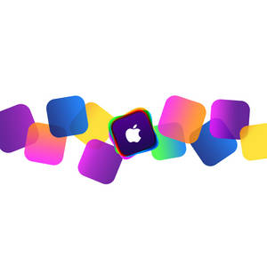 白色背景上中央帶有Apple標誌的彩色漸變正方形