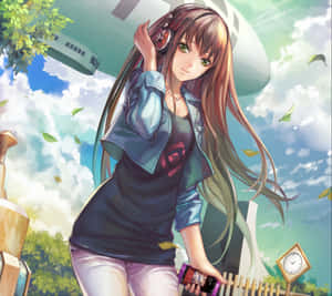 動漫女孩戴住耳機同電話，喺晴朗嘅天空下，有落葉同火車。