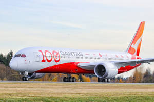 澳洲航空飛機在跑道上，背景有秋樹