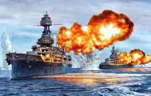 兩艘戰艦在海洋中發射大砲，伴隨著巨大的爆炸。 — 現代戰爭 壁紙
