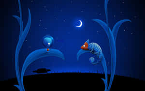 一隻藍色變色龍和外星人在夜間的新月下互相問候。 — 外星人 壁紙