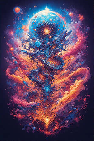 一棵發光的宇宙樹，帶有藍色和橙色火焰，背景是黑暗的星空 — iPhone 4 壁紙