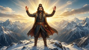 一個穿著古代長袍的男人站在白雪覆蓋的山頂上，雙臂高舉，陽光在他身後放射。