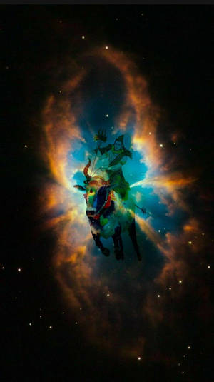 戰士騎公牛飛越彩色宇宙星雲與星星