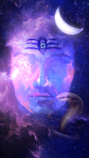 在繁星點點的星雲中，彎月下帶有第三隻眼和蛇的宇宙面孔。