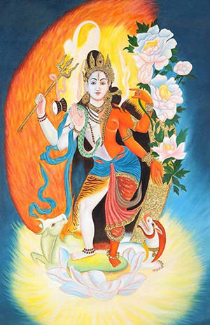 印度教神祇立於蓮花上，手持三叉戟和鮮花，沐浴神聖之光