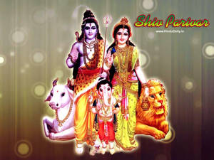 印度教神祇家族濕婆家族（Shiva Parivar）與象頭神和南迪獅子，身著金色服飾。 — 宗教 壁紙