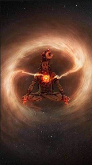 一個正在冥想的宇宙神祇，被太空中發光的螺旋環繞。