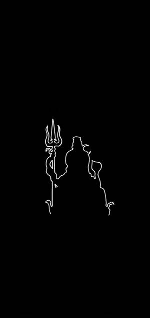 黑色背景上，手持三叉戟的神祇白色線條剪影。