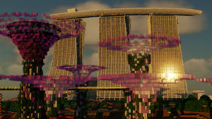 Minecraft風格的濱海灣金沙和超級樹在夕陽下發光。