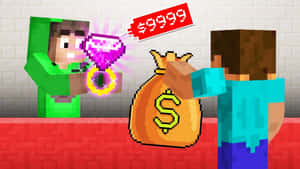 Minecraft角色用鑽石戒指交換一個標有$9999的錢袋。