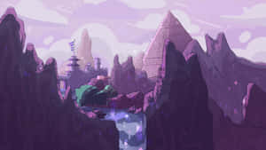 紫色山脈，帶有城堡和發光水晶的幻想場景。 — 無主之地2 壁紙