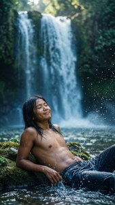 年輕男子在森林瀑布下放鬆。