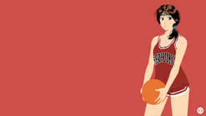穿著紅色湘北籃球制服嘅動漫女仔揸住一個籃球。