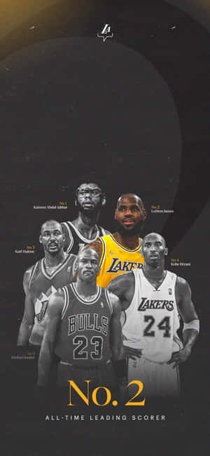 五位被評為歷史得分榜第二的NBA傳奇，身穿球隊球衣，帶有「No. 2 All-Time Leading Scorer」文字。 — iPhone 14 Pro 壁紙
