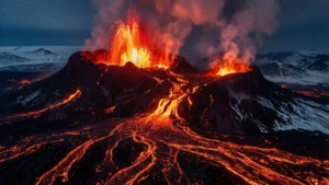 火山爆發，熔岩在夜間流下雪山。