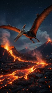 翼龍在活火山上方飛翔，熔岩在星空下流動