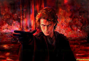 Anakin Skywalker 在紅色燈光場景中，帶著兇猛的表情向前指。 — 熔岩龍 壁紙