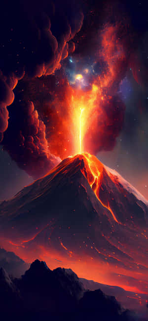 火山爆發，熔岩和煙霧映襯著繁星點點的宇宙天空。 — Huawei 壁紙