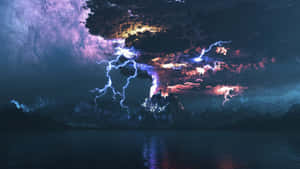 山峰在風暴天空下爆發閃電，倒映在水中。