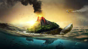 巨龜背負火山島日落時爆發雙翼飛機魚群