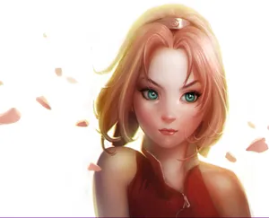 金髮碧眼的動漫女孩,穿著紅色上衣,粉紅色的花瓣在她周圍飄浮。