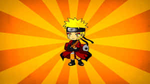 Chibi Naruto 身穿紅色斗篷，背景為橙色太陽爆發 — 火影忍者 壁紙
