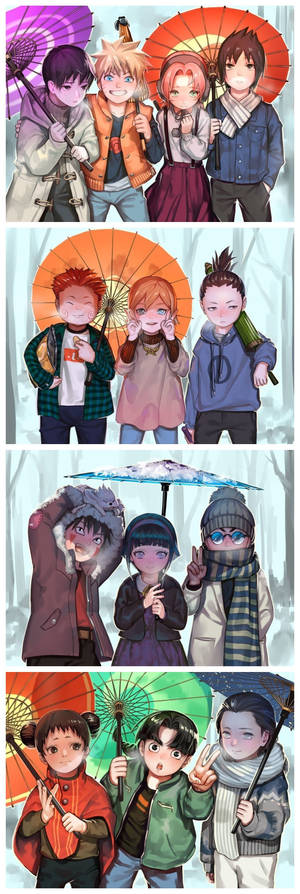 四個動漫青少年着住冬天衫喺雪中拎住彩色雨傘。 — 火影忍者 iPhone 壁紙