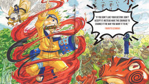 漩渦鳴人被紅色查克拉包圍，帶有勵志語錄和村莊背景。