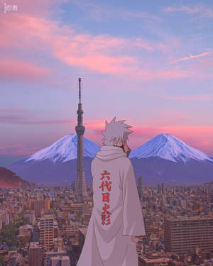 身穿白色斗篷的動漫角色俯瞰東京，富士山和晴空塔在夕陽下。 — 漩渦鳴人 GIF 壁紙