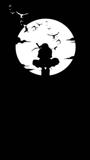 戰士剪影站在滿月前，鳥兒飛翔。 — 黑白 壁紙
