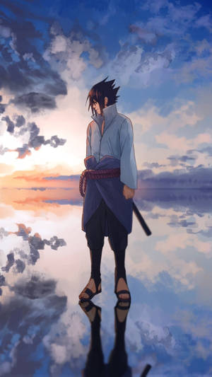 動漫角色站在反射表面上，在日落天空下，雲朵倒映。