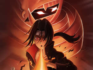 紅眼動漫忍者喺巨大惡魔面孔前釋放熾熱查克拉。 — 火 壁紙