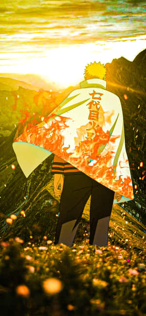 動漫忍者身穿火焰斗篷，在金色夕陽下的田野中站立。