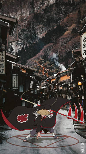 穿著黑色斗篷的動畫忍者在雪地日本山村街道上奔跑。